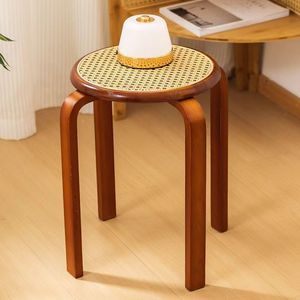 Solid <b>Wood</b> Rattan Round <b>Stool</b> Thickened Low <b>Stool</b> For Living Room Home Use - Product Image 1