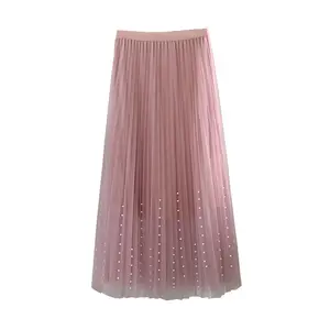 New Spring Summer Skirts Womens Beading Mesh Tulle Skirt Women Elastic High Waist A Line Mid Calf Midi Long Pleated Skirt