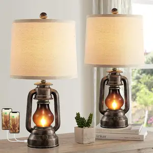 Rustic Miner Bedside Lamp Farmhouse Metal Lantern Table Lamp For Home