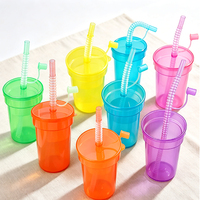 Gobelets de fête en plastique PP néon de 380 ml avec couvercle et paille spirale flexible pliable, empilables et réutilisables pour la plage et les fêtes