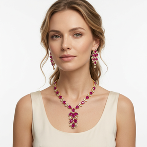 Parure de bijoux de luxe en laiton plaqué rhodium avec cristaux roses, pendentif goutte d'eau, collier et boucles d'oreilles pour femme, cadeau de mariage classique - Product Image 1