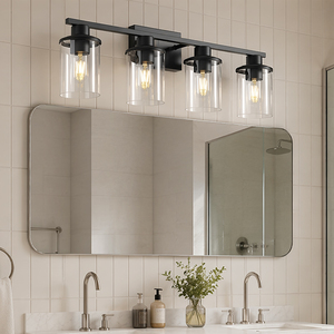 Lámpara de <span class=keywords><strong>Espejo</strong></span> de <span class=keywords><strong>Baño</strong></span> Negra de 4 Luces, Lámparas LED para <span class=keywords><strong>Espejo</strong></span>, <span class=keywords><strong>Luz</strong></span> de Vanidad con Pantallas Cilíndricas de Cristal Transparente, Aplique de Pared - Product Image 1
