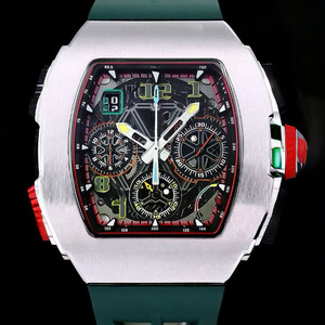 Men's Mechanical Wristwatch with Top-Quality Luxury <b>Red</b> Rubber Strap, Carbon Fiber Case, Flyback Chronograph and Luminous Hands. - Product Image 3