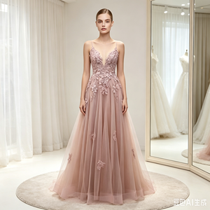 Vestido de Noche de Lujo con Tirantes Finos de Tul, Apliques Florales 3D de Encaje, Escote en V Profundo, Abertura Alta, Vestido Formal para Invitadas de <span class=keywords><strong>Boda</strong></span> y Damas de Honor - Product Image 6