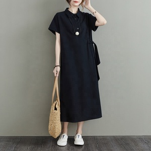 Nuevo estilo japonés Color sólido Algodón y lino Solapa Manga corta Bolsillo suelto Vestido casual de mujer - Product Image 3