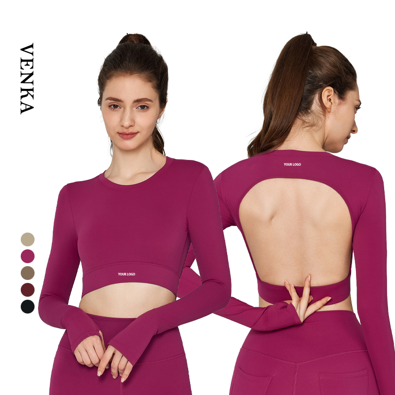 Women Training Clothing Slim Tights Fitness Backless Thumb Hole Design Shirts Tops Woman Round Neck Yoga Long Sleeve T Shirts