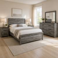 Ensemble de chambre à coucher en gros, finition gris vieilli, lit plateforme en MDF, 2 tables de nuit, commode avec miroir, suite de meubles de chambre pour la maison