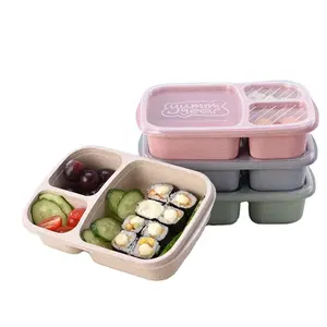 Fabriek Goedkope Prijs Tarwe Stro Plastic Bento Lunchbox Met 3 Compartimenten