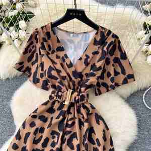 Vestido midi casual de verano con cuello en V y abertura, túnica ajustada con vendaje, manga corta, estampado de leopardo y encaje para mujer - Product Image 2