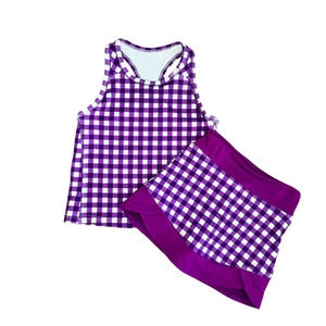 GSD3651 Custom Baby Girl Summer Knee-length purple plaid Print Sleeveless Breathable Dress Wholesale Yoga <b>Skirt</b> Set - Product Image 1
