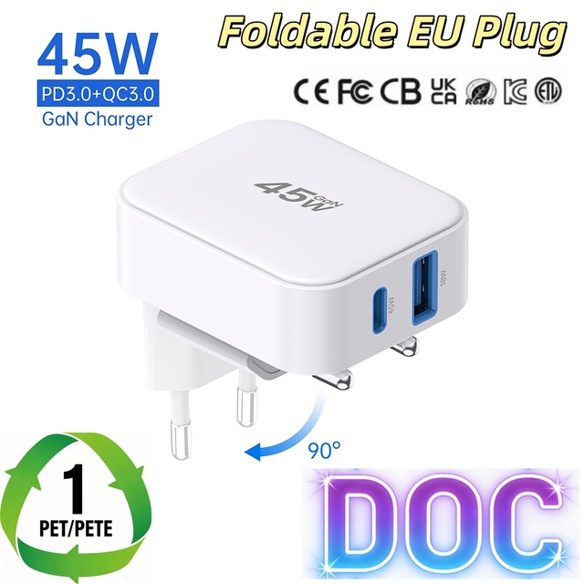 Tommox Portable 45w Eu Plug Charger Type c Mobile 20w Usb c Gan Wall Charger 30w Type-c Usb-c Fast Phone Chargers Wholesale