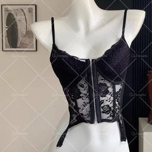 GX25034 2025 moda abbigliamento donna Boutique Nigh Club pizzo indossa canotta con spalline sottili e vedere attraverso mezzo pantaloni Set 2 pezzi - Product Image 5