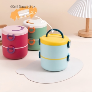 B144 Portable Plastic Lunch Box Handle 3 Compartments Food Heatable Sauce <b>Cup</b> Microwave Safe School Kids Office Picnic Meal - Product Image 1