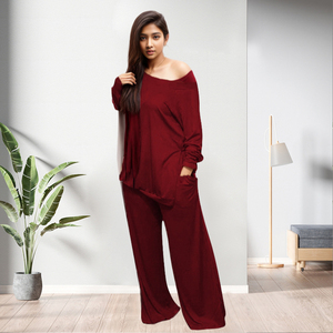 Ensemble deux pièces décontracté pour femme, chemisier fendu grande taille et pantalon large, tenue de détente - Product Image 3