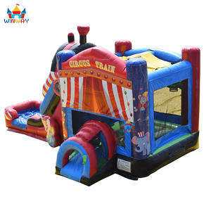 Location de château gonflable sur le thème du cirque avec structure en PVC, installation facile et capacité de 5 à 10 personnes - Combo aire de jeux et train pour le plaisir - Product Image 2