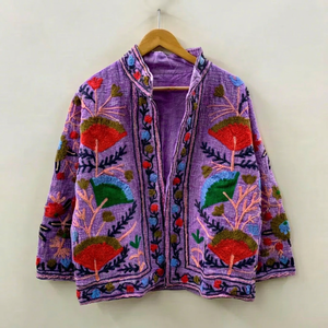 Chaqueta Morada Lavanda Bordada a Mano para Mujer, Elegante, Tradicional, con Diseño Floral, de Algodón y Seda, con Frente Abierto - Product Image 1