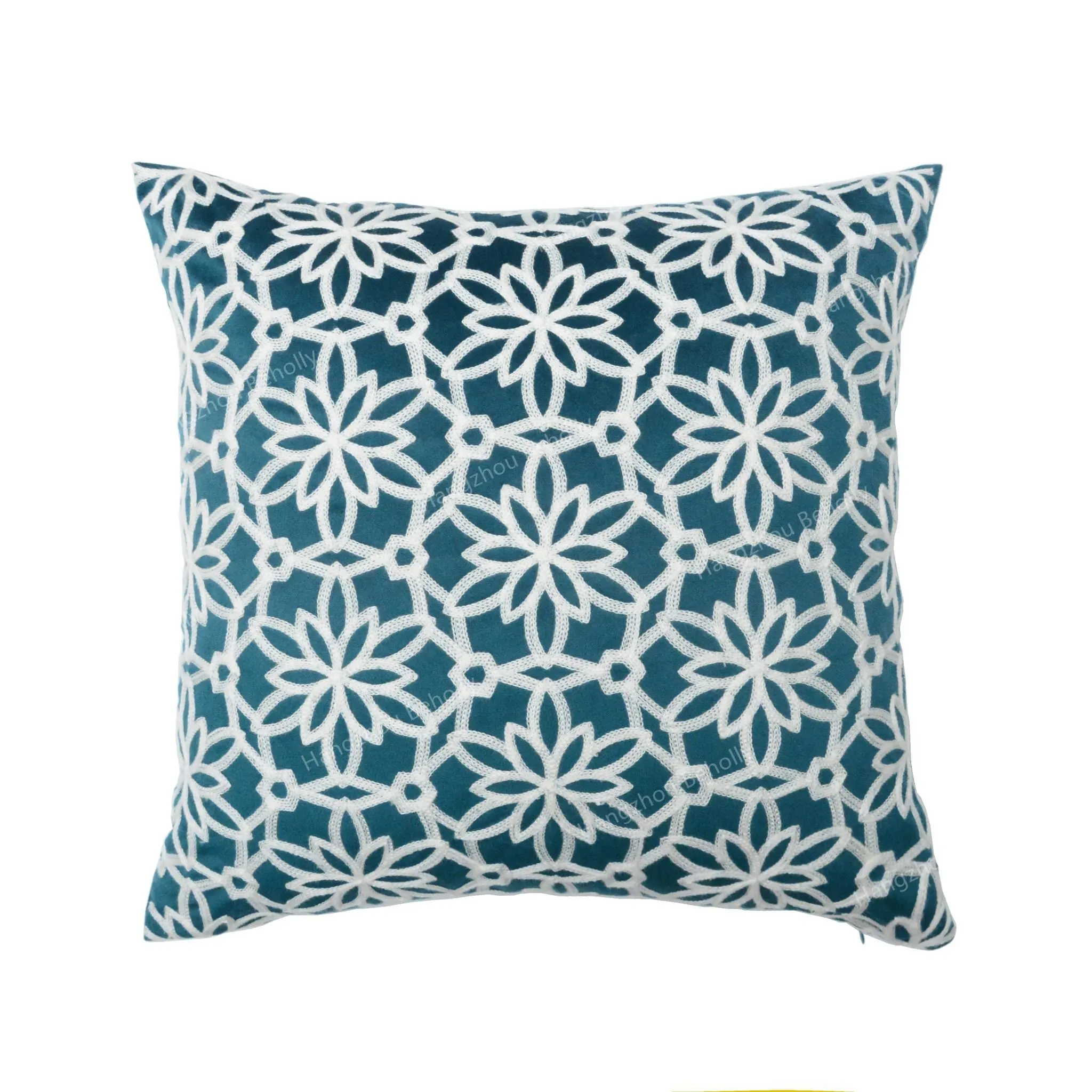 Fábrica Personalizado Azul Brilhante Bordado Quadrado Lance Travesseiro Cobre Moderno Floral Casa Sofá Decoração Almofada Cobre