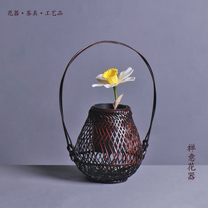 Bamboo Flower Basket Small Round Mouth Zen Style Chinese Decor Vase For Home Floral Arrangement - Product Image 3