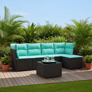 D0100X38KJ8 Ensemble de canapé de patio en polyrotin noir 6 pièces avec coussins, mobilier d'extérieur, design contemporain et moderne - Product Image 2