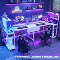 Escritorio para Juegos en Forma de L con Altura Ajustable, Superficie de Fibra de Carbono, Panel Perforado, Cajón, Luz LED, Tomacorriente, Estantes de Almacenamiento