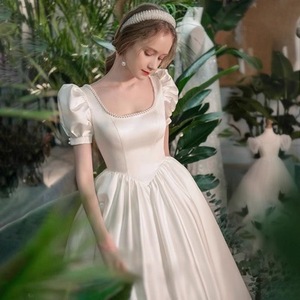 French Style Satin Wedding Dress White Square Collar Puff Sleeve A Line Bridal Gown For Wedding Banquet Women Spring - Product Image 4