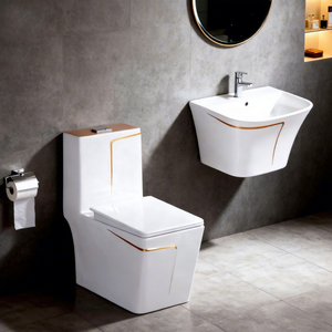 Luxury Sanitary Ware Suite OEM White Gold Line Design Wall Hung Basin One Piece Toilet Bowl Bathroom Water <strong>Closet</strong> Toilet Set - Product Image 1