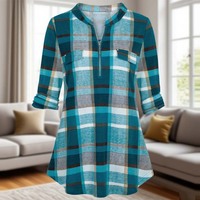 Damen 3/4-Ärmel Blumen-Tunika-Bluse Kariert Lässig Satin Seide Chiffon Popeline Leinen Oberteile Büro Formell Siebdruck