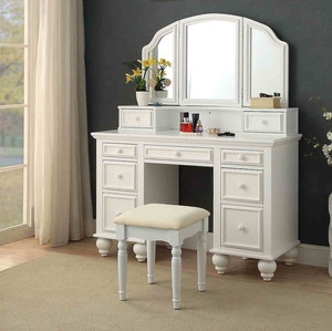 <b>Modern</b> Solid Oak Wood Vanity Set with Stool Storage Drawers 3-Sided Mirror-White Finish for Bedroom - Product Image 4