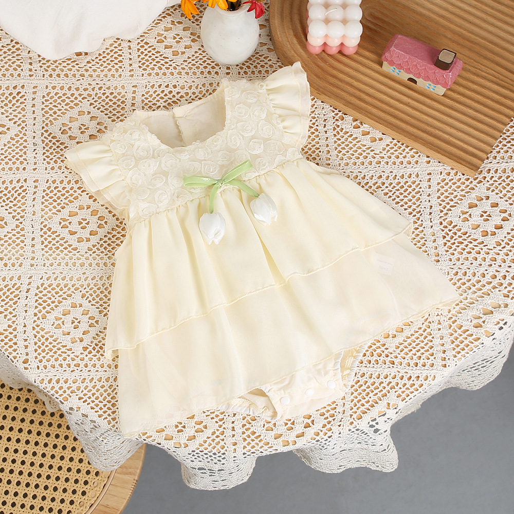 Beige-floral tulip flutter sleeve romper dress