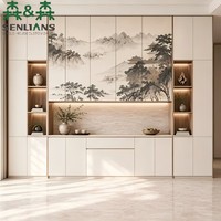 Nouvelle armoire de buffet de style chinois avec portes à motifs paysagers, niches de présentation en bois et crédence en pierre