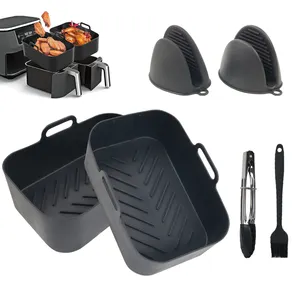 2 Stuks Non-Stick Dikker Siliconen Lucht Friteuse Pot Voering Voor Ninja Dual Zone Lucht Friteuse Rechthoek Mand Met Olie Borstel Wanten Clip