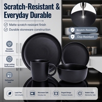 Service de vaisselle de luxe en grès céramique noir mat avec bols à soupe, assiettes et tasses à motifs floraux - Compatible lave-vaisselle, micro-ondes, anti-fuite, idéal pour un cadeau