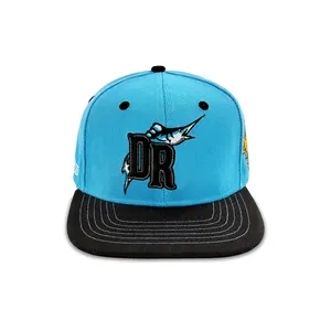 Custom High Quality Blue Hat Black Shark Pattern Embroidery Black Brim Can Be Customized Pattern 6 Panel Snapback Sombreros Cap