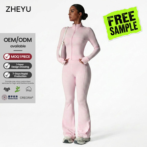 Ensembles de sport respirants unis pour femmes, avec legging évasé et haut à col montant ajusté taille haute, pour le fitness en studio - Product Image 1