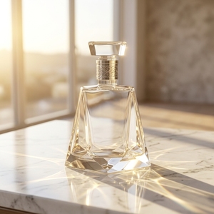 Bouteille de vodka et de <span class=keywords><strong>rhum</strong></span> en <span class=keywords><strong>verre</strong></span> cristallin épais et transparent de 1L, design simplifié, bouchon en liège, forme plate, couleur personnalisée - Product Image 1