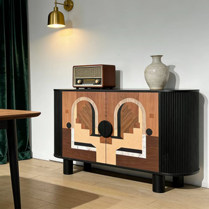 Buffet de salle à manger moderne de luxe Art Déco en bois massif avec incrustations en noyer, cannelé noir, <span class=keywords><strong>meuble</strong></span> de rangement - Product Image 5