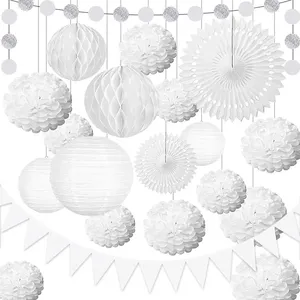 LUCKY White Paper Flower Ball Juego de farolillos de papel Tema blanco Decoración para fiesta de boda Abanico de papel Flower Pull Flower Triangle Flag