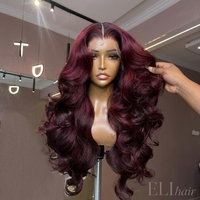 alibaba Beauty Hair Hot Supplier HD Transparan untuk Wig Lace Front Rambut Manusia Panjang Bergelombang Warna Merah Burgundy Tanpa Lem