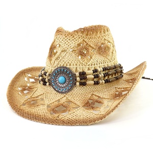 Sombrero de paja de <span class=keywords><strong>vaquero</strong></span> occidental con flores tejidas a mano sombrero de paja de papel Fedora de Jazz tejido a mano - Product Image 3