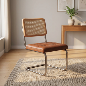 Midcentury Modern <b>Rattan</b> Back Chair With Tufted Leather Seat Metal Legs Living Room Furniture Leisure Chair - Product Image 4