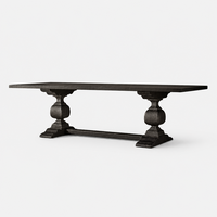 Table à manger rectangulaire noire en bois massif avec base en tréteaux tournés et consoles sculptées à la main, robuste, pour la décoration de villas de luxe