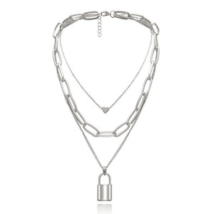 Collar de oro de varias capas con colgante de candado y dije de corazón para mujer, diseño geométrico, cadena para clavícula, para uso diario. - Product Image 5
