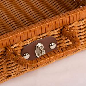 سلال نزهة صغيرة مستطيلة الشكل للأطفال مصنوعة من البلاستيك والراتان البني مع مقابض معدنية وقفل - Product Image 3