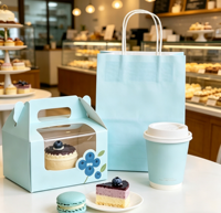 Set Kemasan Roti Klasik Tahan Lama Ramah Lingkungan Warna Biru Muda dengan Kotak Kue, Tas Hadiah & Cangkir Kopi Motif Blueberry