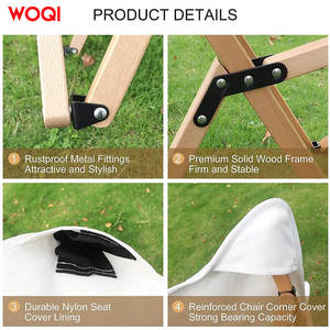 Chaise pliante en bois Woqi, tissu Oxford blanc, 54x54x93cm, pour camping, jardin, plage, pique-nique, usage extérieur - Product Image 5