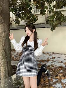 Otoño Corea diseño mujer muñeca cuello vestido a cuadros falsificar dos piezas Delgado manga larga moda dulce vestido de empalme - Product Image 6