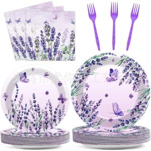Lavender Flower Party Disposable Tableware Set <b>Paper</b> Plates Napkins Forks For Birthday Party Outdoor Picnic Elegant Design - Product Image 1