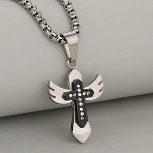 Collier avec pendentif croix aile d'ange en acier inoxydable, or, argent, cristal, bijoux chrétiens, chaîne Hip Hop Punk, cadeau pour hommes et femmes - Product Image 3