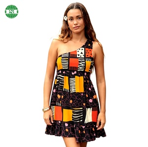 Robe midi d'été asymétrique sans manches à <span class=keywords><strong>taille</strong></span> élastique <span class=keywords><strong>pour</strong></span> femme, coupe ample trapèze avec ourlet à volants - Product Image 1
