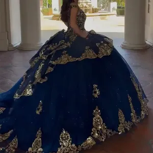 Abiti Quinceanera personalizzati in <span class=keywords><strong>Tulle</strong></span> blu Navy con applicazioni in pizzo <span class=keywords><strong>abito</strong></span> da ballo gonfio festa di compleanno Vestido De 15 Quinceanera - Product Image 2